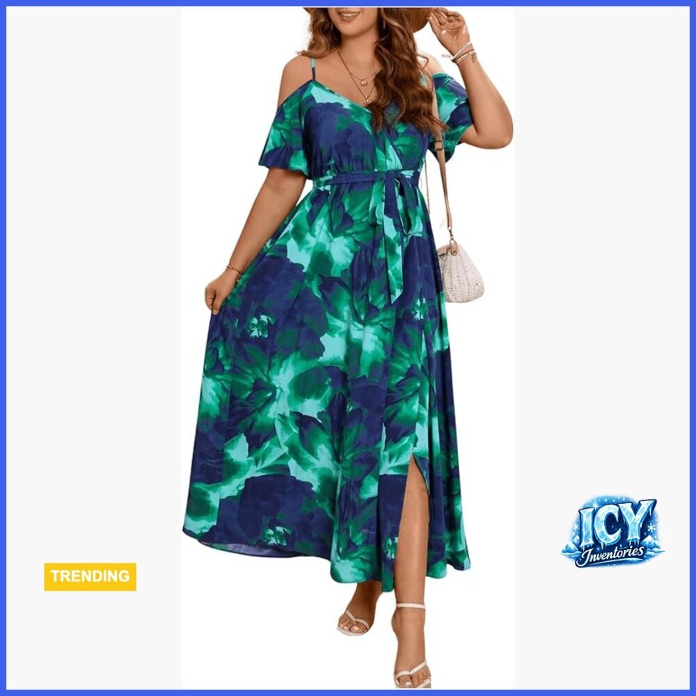 Polyester Maxi Dress with Cold Shoulder, Split Thigh, and Belted Waist